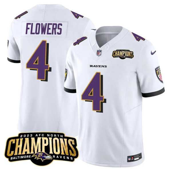 Men & Women & Youth Baltimore Ravens #4 Zay Flowers White 2023 F.U.S.E. AFC North Champions Vapor Limited Jersey->baltimore ravens->NFL Jersey